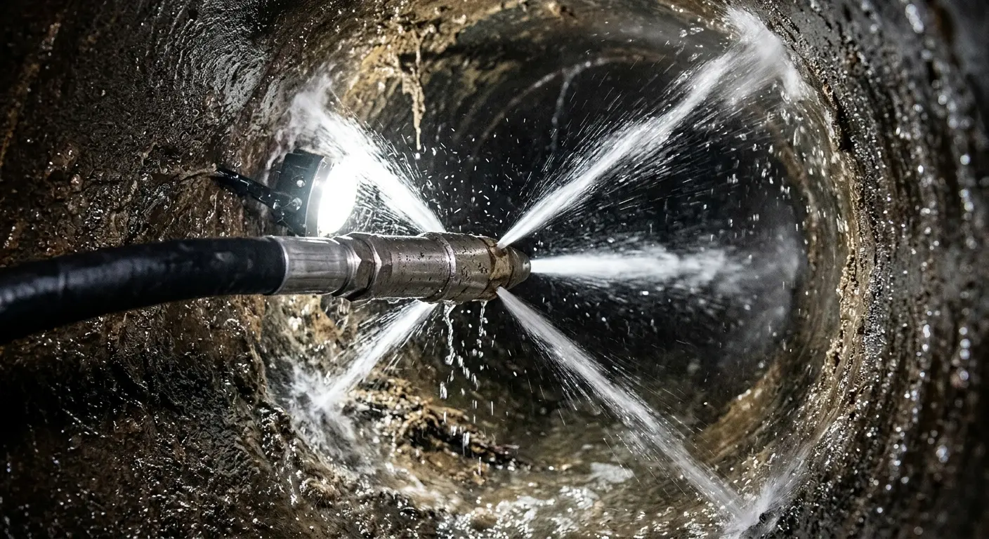 High-pressure hydro jetting nozzle cleaning sewer pipe for Emergency Drain Service in Bartow