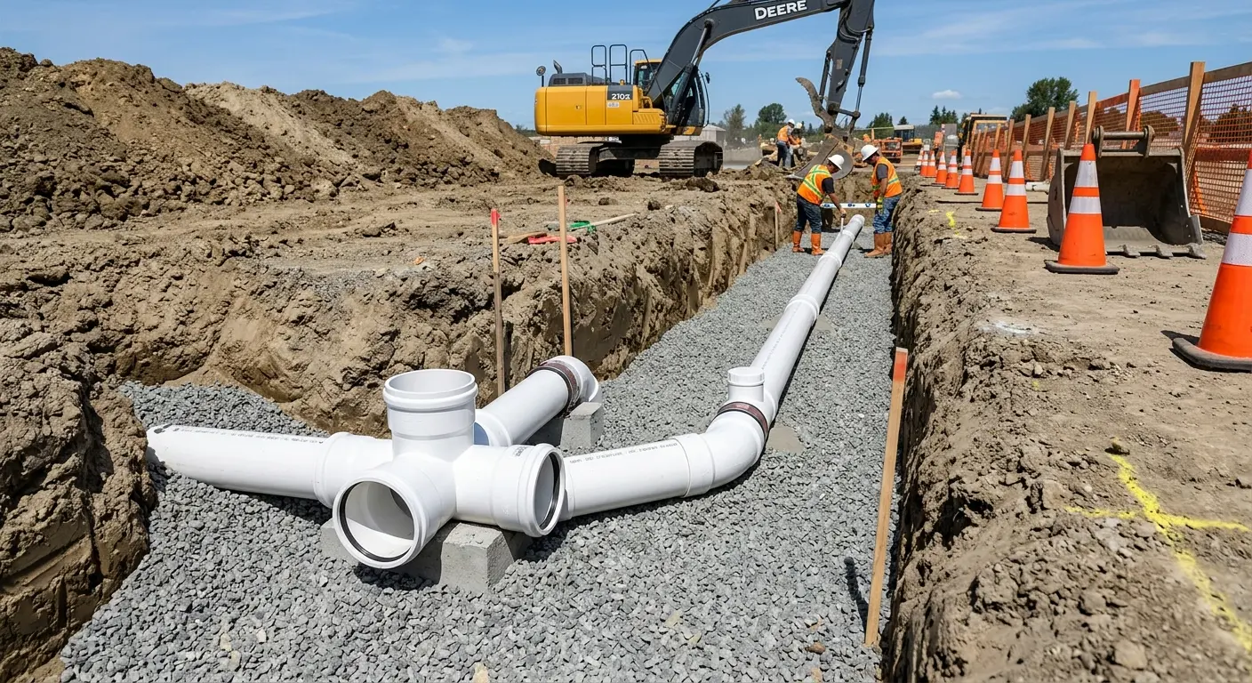 New PVC sewer pipe installation in open trench for Commercial Drain Cleaning in Bartow