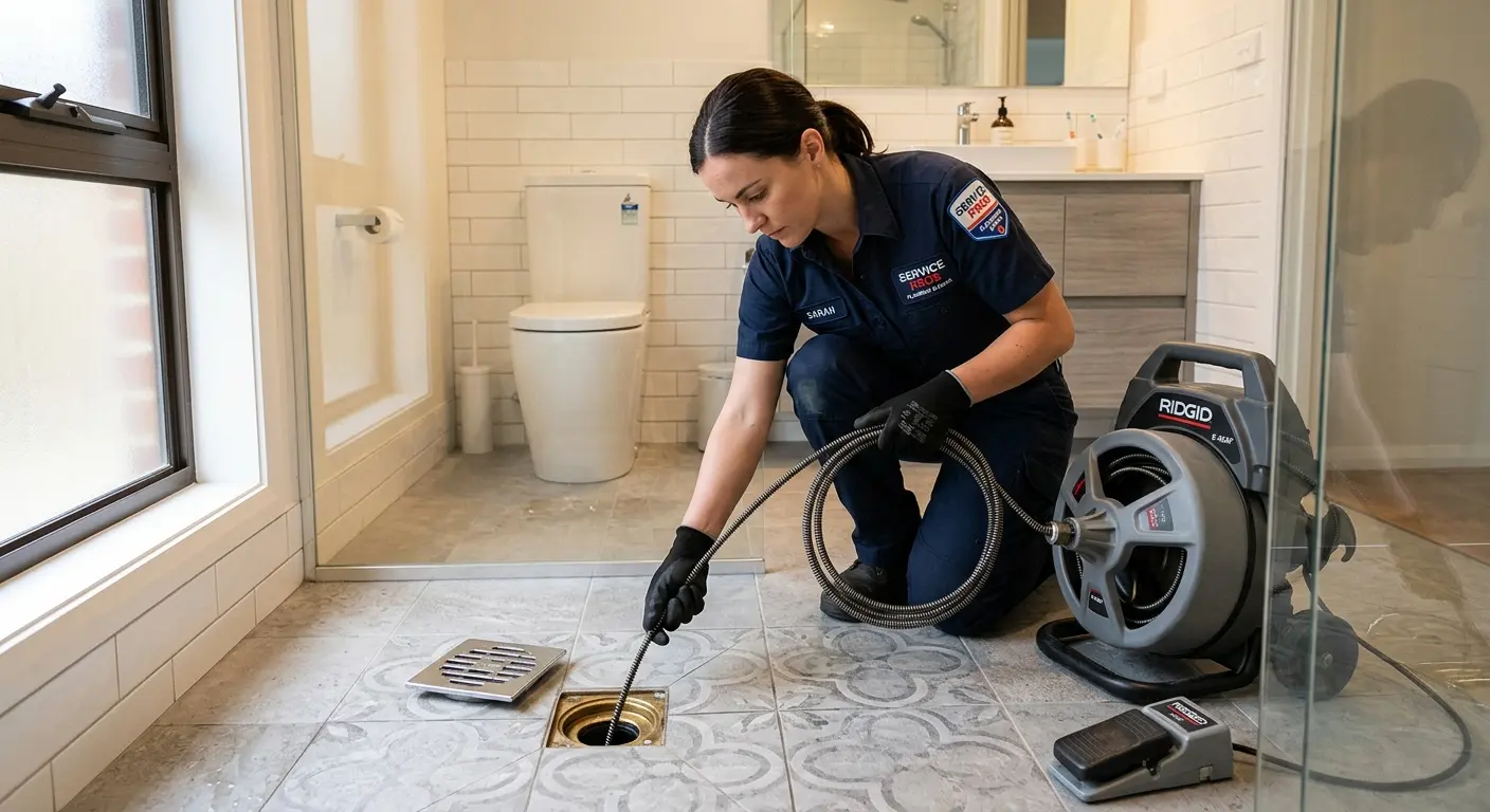 Technician clearing a bathroom floor drain for Drain Cleaning in Bartow